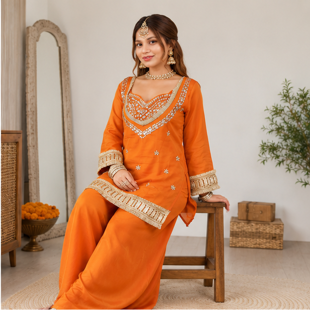 Sakhi Women's Silk Mirror Embroidered Kurta Palazzo with Dupatta Set