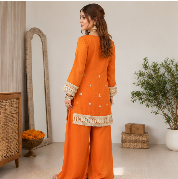 Sakhi Women's Silk Mirror Embroidered Kurta Palazzo with Dupatta Set