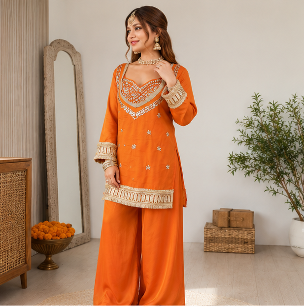 Sakhi Women's Silk Mirror Embroidered Kurta Palazzo with Dupatta Set