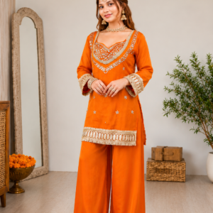 Sakhi Women’s Silk Mirror Embroidered Kurta Palazzo with Dupatta Set