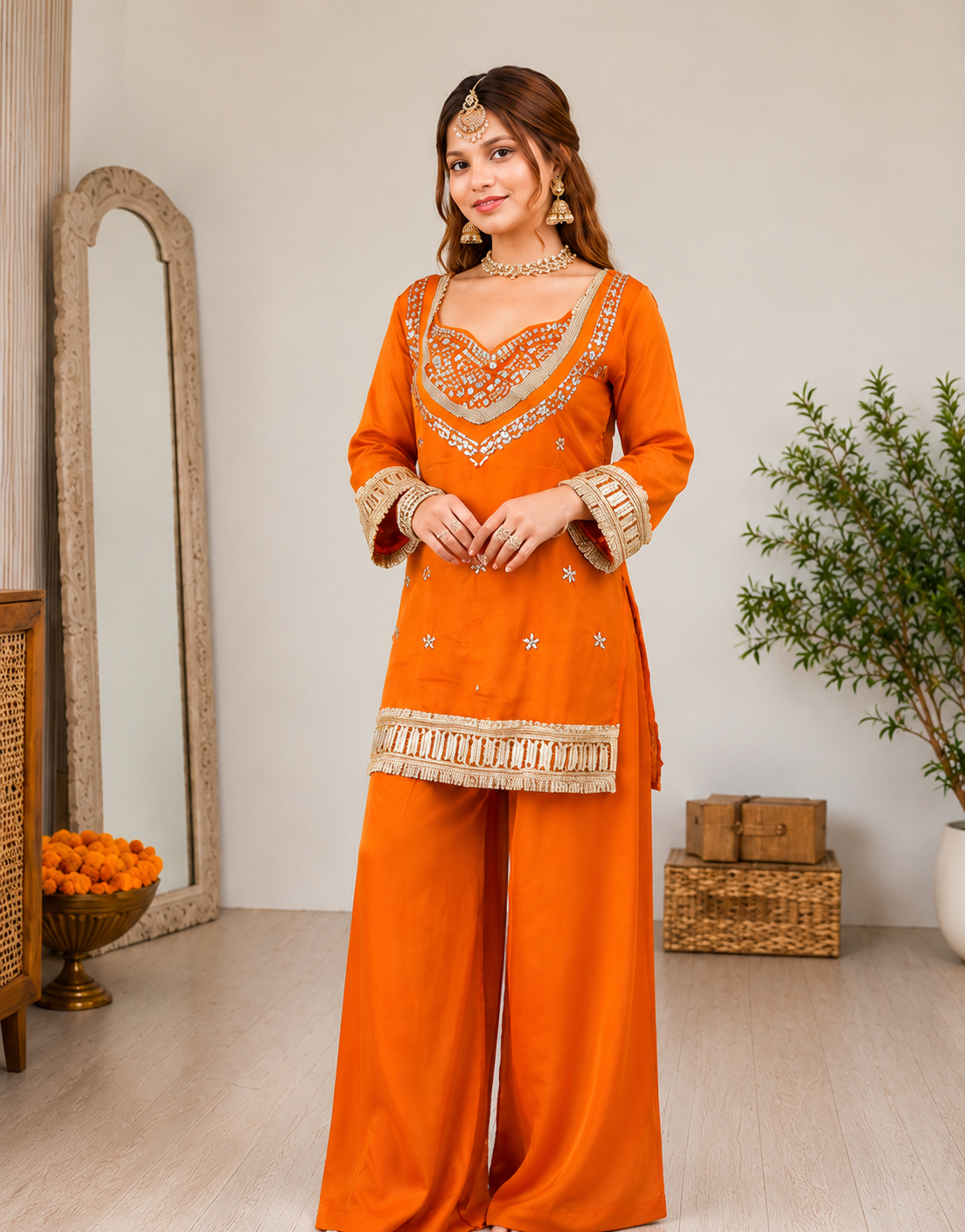 Sakhi Women's Silk Mirror Embroidered Kurta Palazzo with Dupatta Set